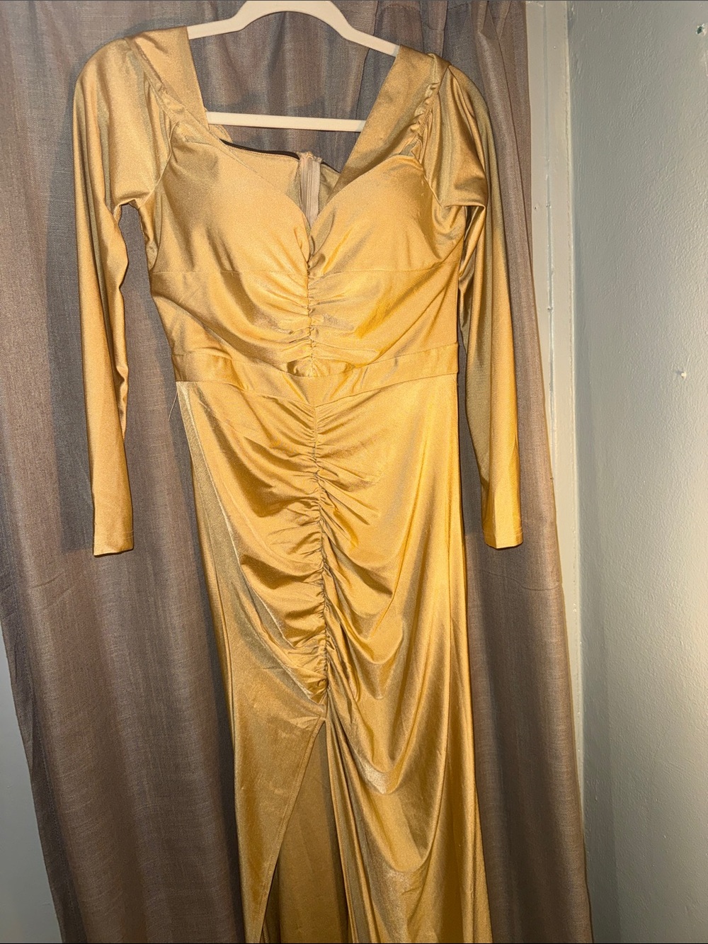 SHEIN Gold Long Sleeve Ruched Satin Evening Dress